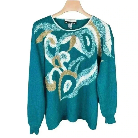 Vintage Dana Scott Teal & Gold Embellished Sweater Size Small 80s Sweater - Picture 1 of 8